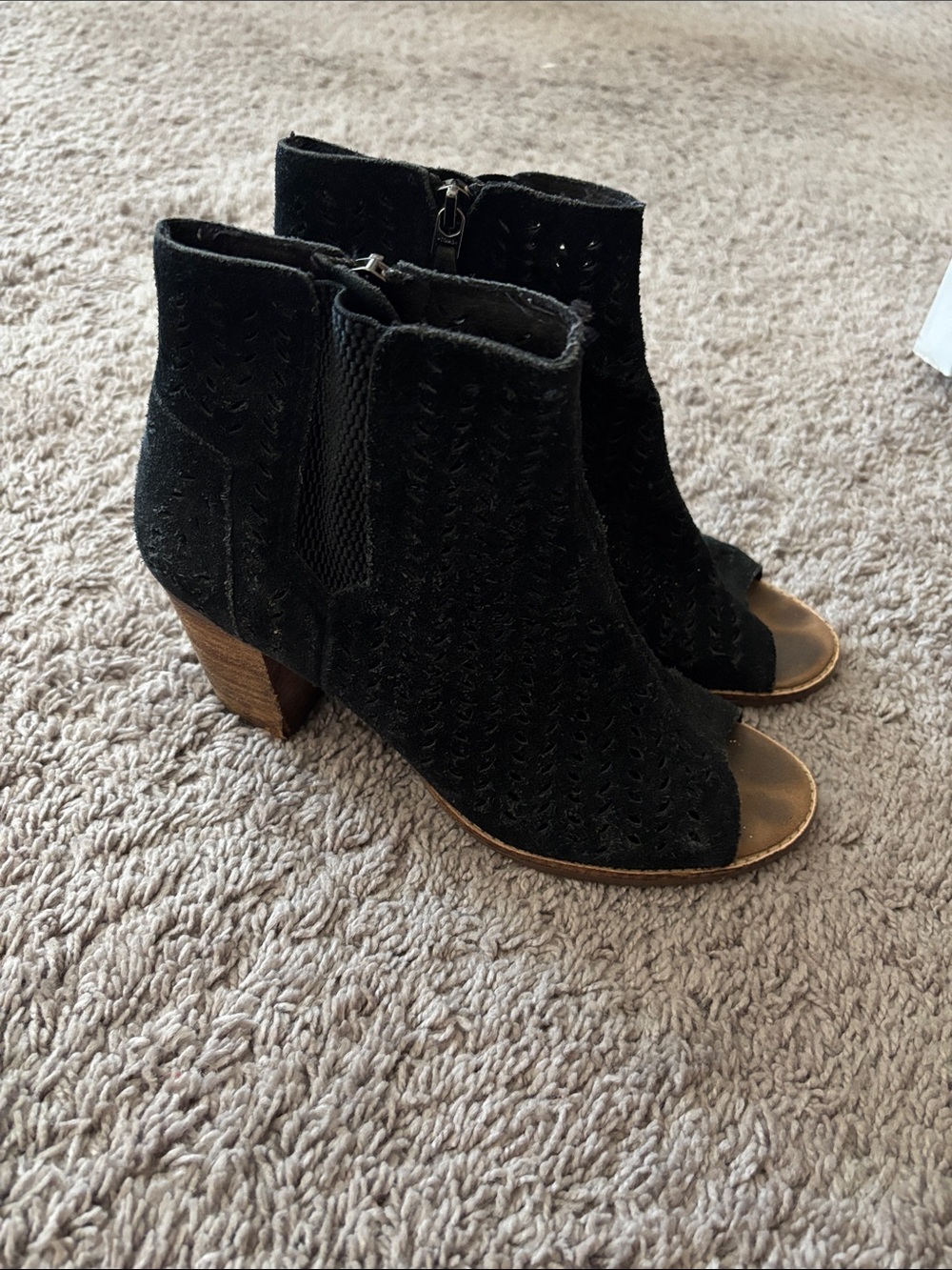 Toms Black Open-Toe Suede Ankle Booties with Wooden-Look Heel